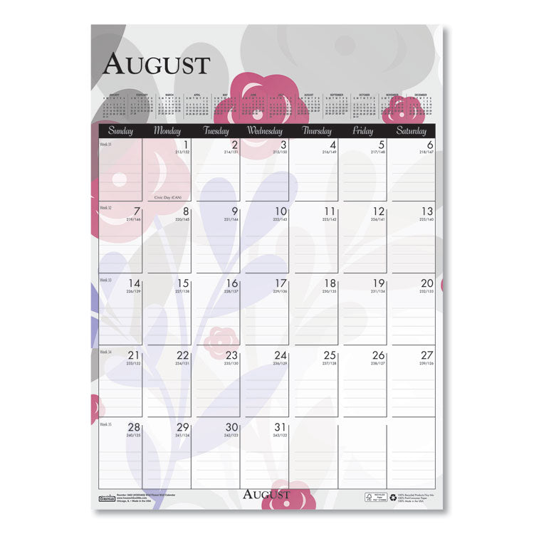 Recycled Wild Flower Wall Calendar, Wild Flowers Artwork, 12 x 16.5, White/Multicolor Sheets, 12-Month (Jan to Dec): 2026