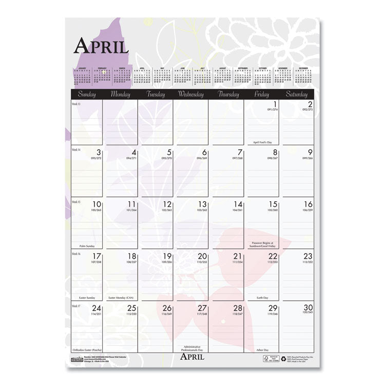 Recycled Wild Flower Wall Calendar, Wild Flowers Artwork, 12 x 16.5, White/Multicolor Sheets, 12-Month (Jan to Dec): 2026