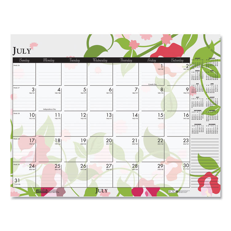 Recycled Desk Pad Calendar, Wild Flowers Artwork, 18.5 x 13, White Sheets, Black Binding/Corners,12-Month (Jan-Dec): 2026