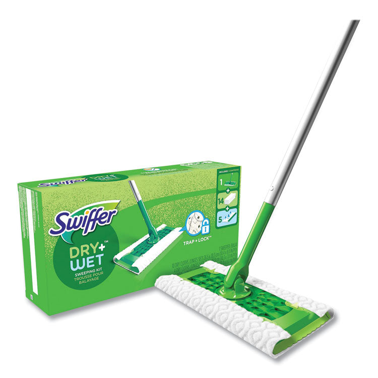 Sweeper Mop Dry + Wet Deluxe Starter Kit, 10 x 4.8 White Cloth Head, 46" Silver/Green Aluminum/Plastic Handle