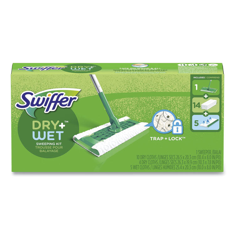 Sweeper Mop Dry + Wet Deluxe Starter Kit, 10 x 4.8 White Cloth Head, 46" Silver/Green Aluminum/Plastic Handle