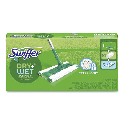 Sweeper Mop Dry + Wet Deluxe Starter Kit, 10 x 4.8 White Cloth Head, 46" Silver/Green Aluminum/Plastic Handle