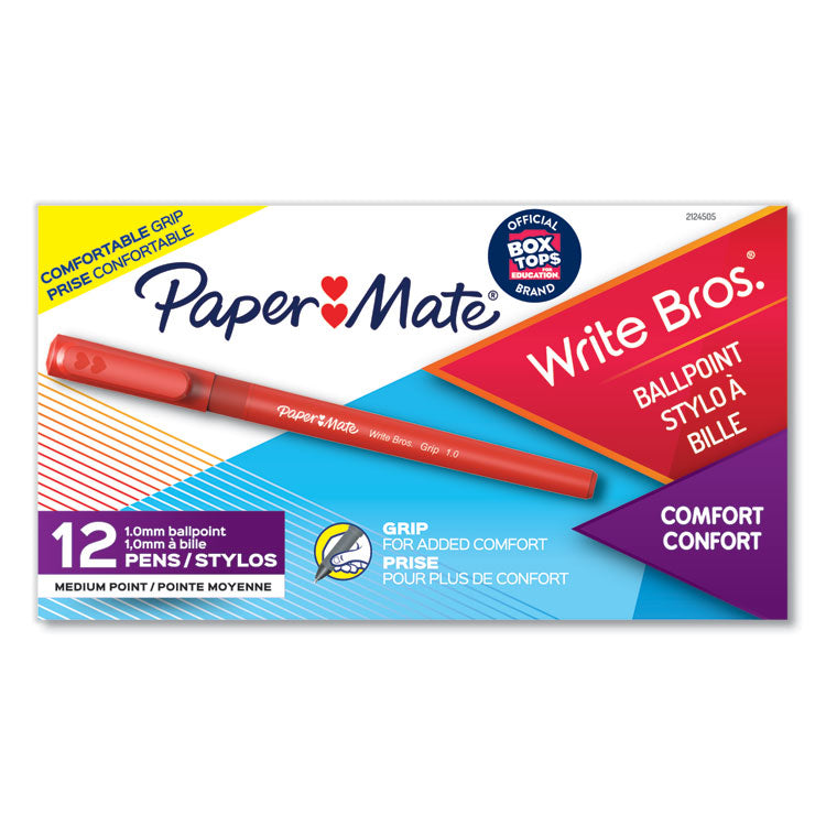 Write Bros. Grip Ballpoint Pen, Stick, Medium 1 mm, Red Ink, Red Barrel, Dozen