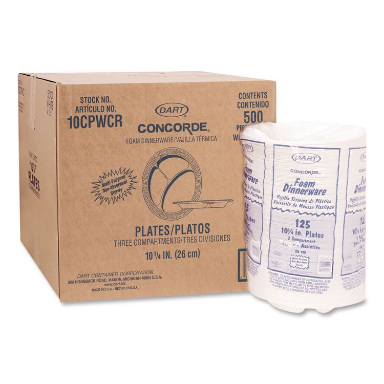 Concorde Foam Plate, 3-Compartment Plate, 10.25" dia, White, 125/Pack, 4 Packs/Carton