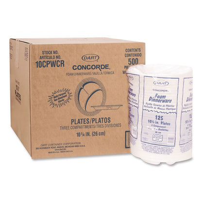 Concorde Foam Plate, 3-Compartment Plate, 10.25" dia, White, 125/Pack, 4 Packs/Carton
