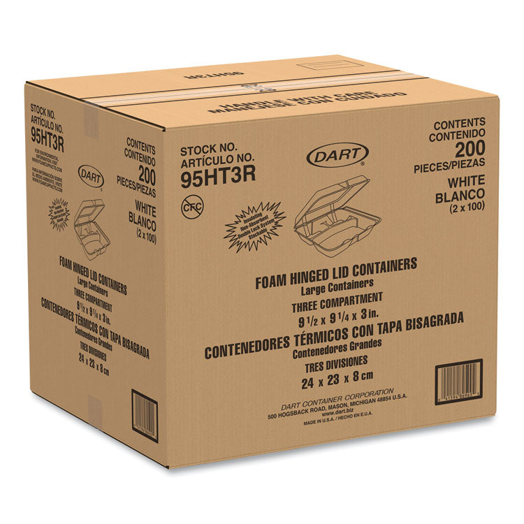 Foam Hinged Lid Containers, 3 Compartments, 9.25 x 9.5 x 3, White, 100/Sleeve, 2 Sleeves/Carton
