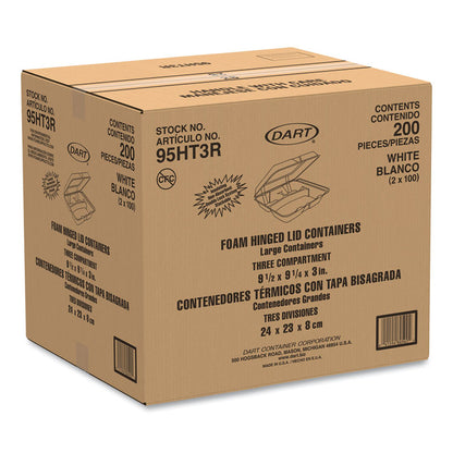 Foam Hinged Lid Containers, 3 Compartments, 9.25 x 9.5 x 3, White, 100/Sleeve, 2 Sleeves/Carton