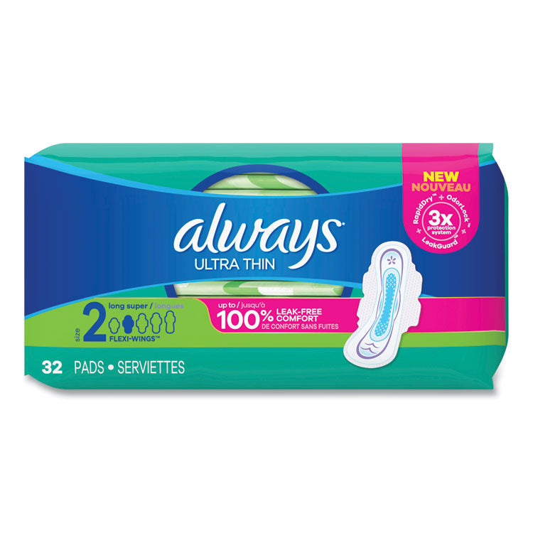 Ultra Thin Pads with Wings, Size 2, Super Long Absorbency, 32/Pack, 3 Packs/Carton