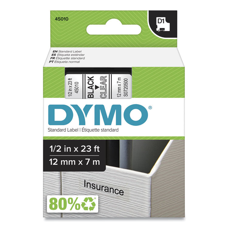 D1 High-Performance Polyester Removable Label Tape, 0.5" x 23 ft, Black on Clear