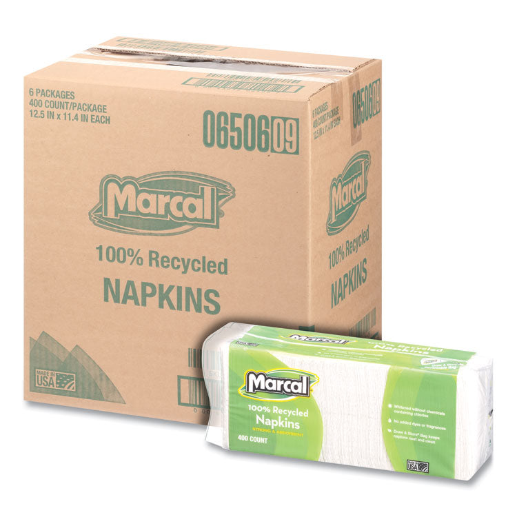 100% Recycled Luncheon Napkins, 1 Ply, 11.4 x 12.5, White, 400/Pack, 6 Packs/Carton