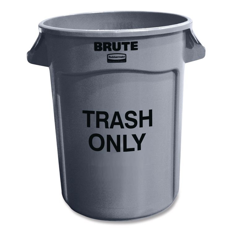 Vented Round Brute Container, "Trash Only" Imprint, 32 gal, Plastic, Gray
