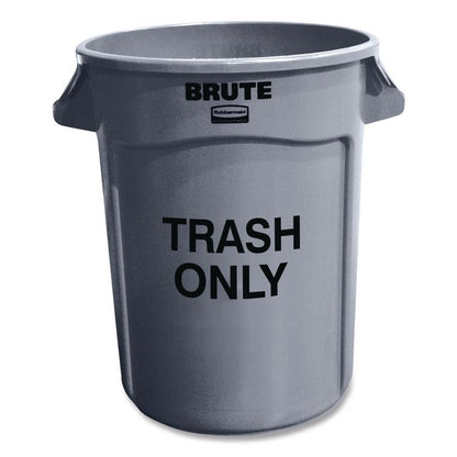 Vented Round Brute Container, "Trash Only" Imprint, 32 gal, Plastic, Gray