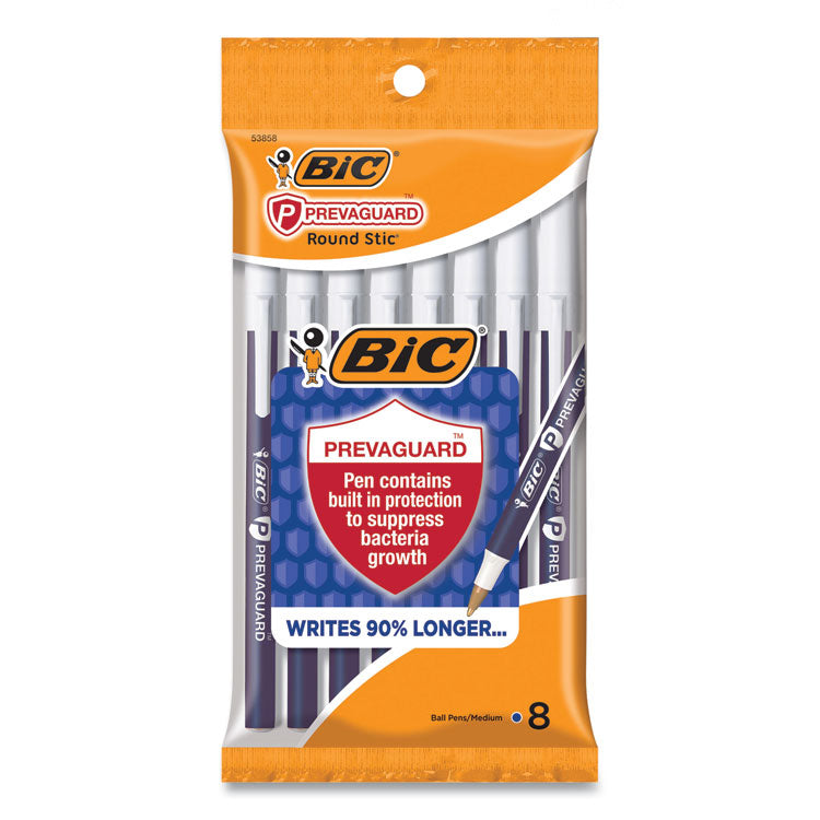 PrevaGuard Round Stic Ballpoint Pen, Stick, Medium 1 mm, Blue Ink, Blue Barrel, 8/Pack