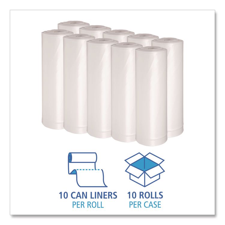 Recycled Low-Density Polyethylene Can Liners, 60 gal, 1.75 mil, 38" x 58", Clear, Perforated, 10 Bags/Roll, 10 Rolls/Carton