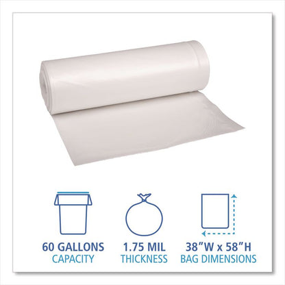 Recycled Low-Density Polyethylene Can Liners, 60 gal, 1.75 mil, 38" x 58", Clear, Perforated, 10 Bags/Roll, 10 Rolls/Carton