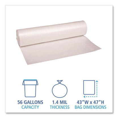 Recycled Low-Density Polyethylene Can Liners, 56 gal, 1.4 mil, 43" x 47", Clear, Perforated, 10 Bags/Roll, 10 Rolls/Carton