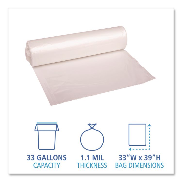 Recycled Low-Density Polyethylene Can Liners, 33 gal, 1.1 mil, 33" x 39", Clear, Perforated, 10 Bags/Roll, 10 Rolls/Carton