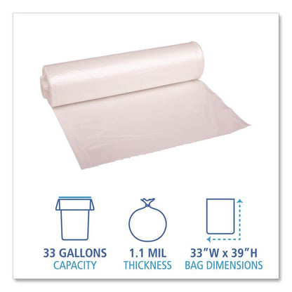 Recycled Low-Density Polyethylene Can Liners, 33 gal, 1.1 mil, 33" x 39", Clear, Perforated, 10 Bags/Roll, 10 Rolls/Carton