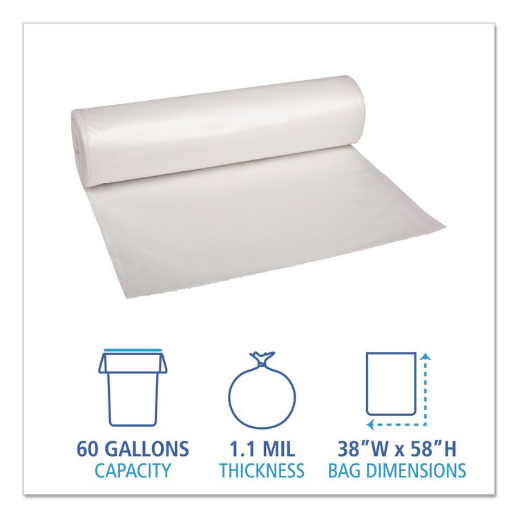 Recycled Low-Density Polyethylene Can Liners, 60 gal, 1.1 mil, 38" x 58", Clear, Perforated, 10 Bags/Roll, 10 Rolls/Carton
