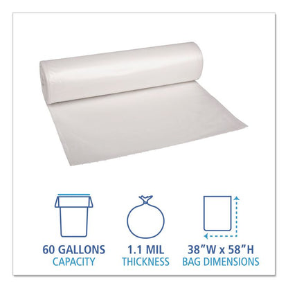 Recycled Low-Density Polyethylene Can Liners, 60 gal, 1.1 mil, 38" x 58", Clear, Perforated, 10 Bags/Roll, 10 Rolls/Carton