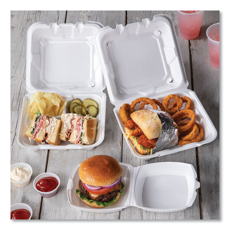 Vented Foam Hinged Lid Container, Dual Tab Lock, 3 Compartments, 8.4 x 8 x 3, White, 150/Carton
