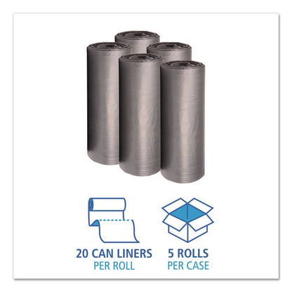 Low-Density Waste Can Liners, 60 gal, 1.1 mil, 38" x 58", Gray, Perforated Roll, 20 Bags/Roll, 5 Rolls/Carton