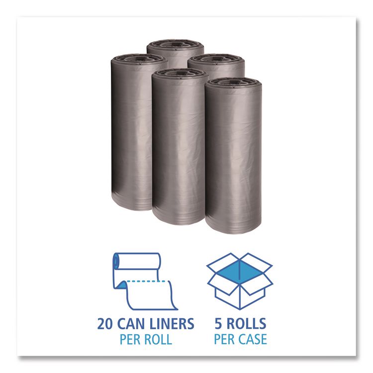 Low-Density Waste Can Liners, 56 gal, 1.1 mil, 43" x 47", Gray, Perforated Roll, 20 Bags/Roll, 5 Rolls/Carton
