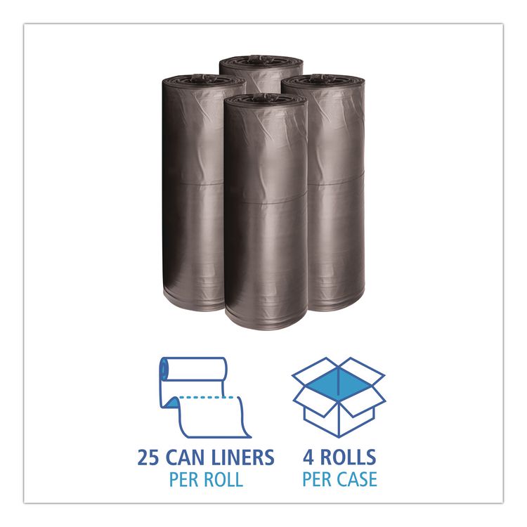 Low-Density Waste Can Liners, 60 gal, 0.65 mil, 38" x 58", Black, Perforated Roll, 25 Bags/Roll, 4 Rolls/Carton