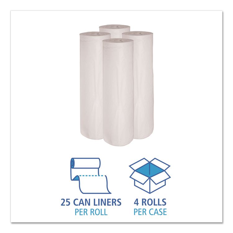 Low-Density Waste Can Liners, 45 gal, 0.6 mil, 40" x 46", White, Perforated Roll, 25 Bags/Roll, 4 Rolls/Carton