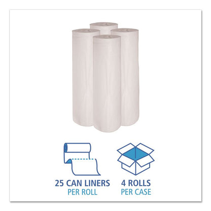 Low-Density Waste Can Liners, 45 gal, 0.6 mil, 40" x 46", White, Perforated Roll, 25 Bags/Roll, 4 Rolls/Carton
