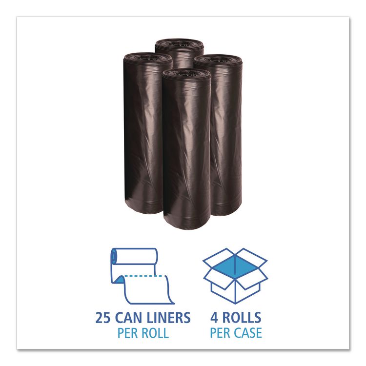 Low-Density Waste Can Liners, 56 gal, 0.6 mil, 43" x 47", Black, Perforated Roll, 25 Bags/Roll, 4 Rolls/Carton
