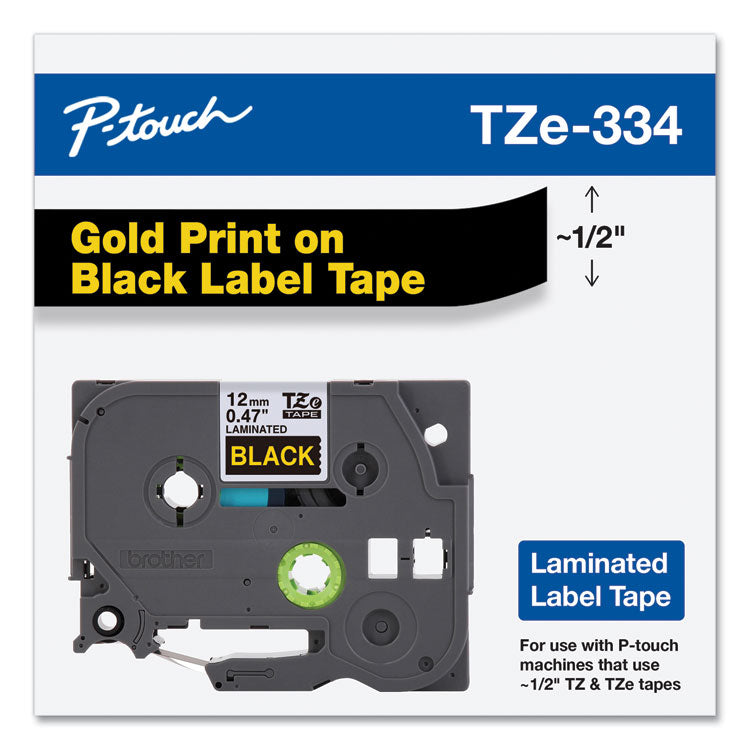 TZe Standard Adhesive Laminated Labeling Tape, 0.47" x 26.2 ft, Gold on Black
