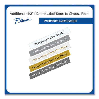 TZe Premium Laminated Tape, 0.47" x 26.2 ft, White on Silver