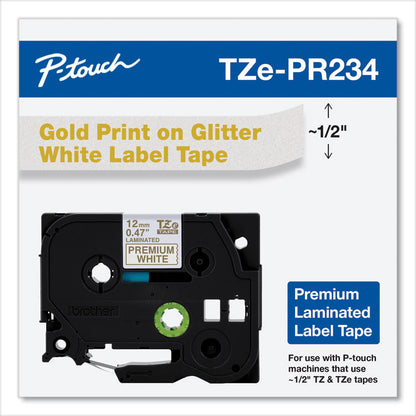 TZe Premium Laminated Tape, 0.47" x 26.2 ft, Gold on White