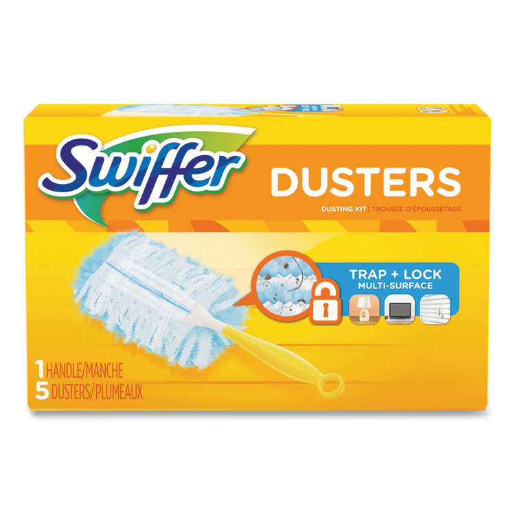 Dusters Starter Kit, Dust Lock Fiber, 6" Handle with Five Refill Dusters, Blue/Yellow, 6/Carton