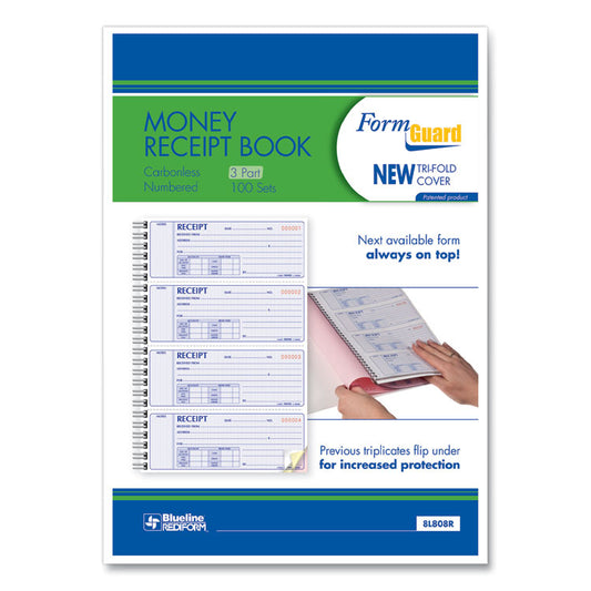 Money Receipt Book, FormGuard Cover, Three-Part Carbonless, 7 x 2.75, 4 Forms/Sheet, 100 Forms Total