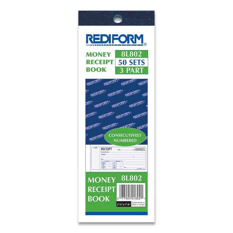Receipt Book, Three-Part Carbonless, 7 x 2.75, 4 Forms/Sheet, 50 Forms Total