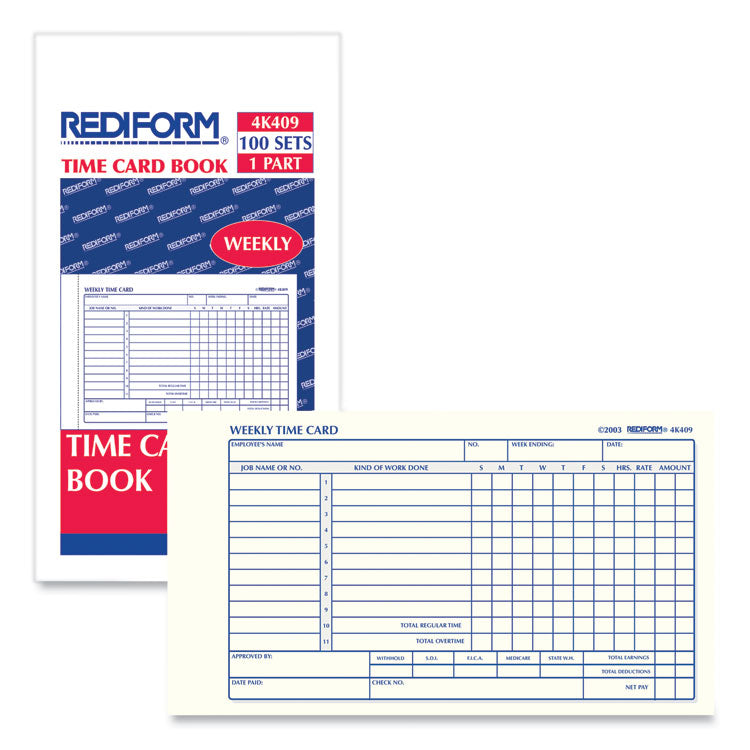 Weekly Employee Time Cards, Sunday-Saturday, One Side, 4.25 x 7, 100/Pad