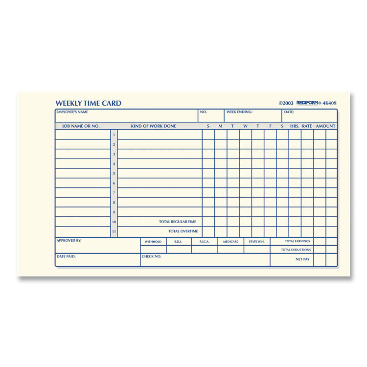 Weekly Employee Time Cards, Sunday-Saturday, One Side, 4.25 x 7, 100/Pad