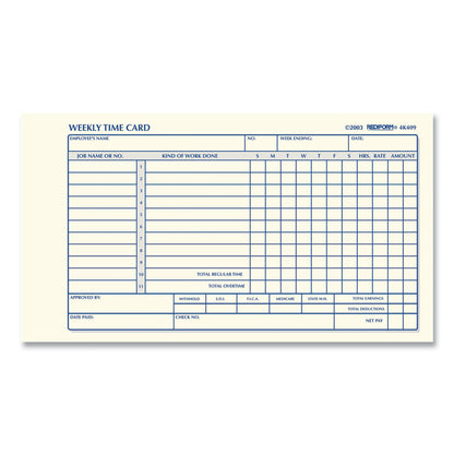 Weekly Employee Time Cards, Sunday-Saturday, One Side, 4.25 x 7, 100/Pad
