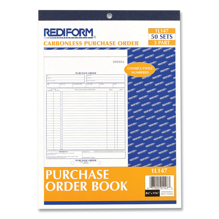 Purchase Order Book, 17 Lines, Three-Part Carbonless, 8.5 x 11, 50 Forms Total