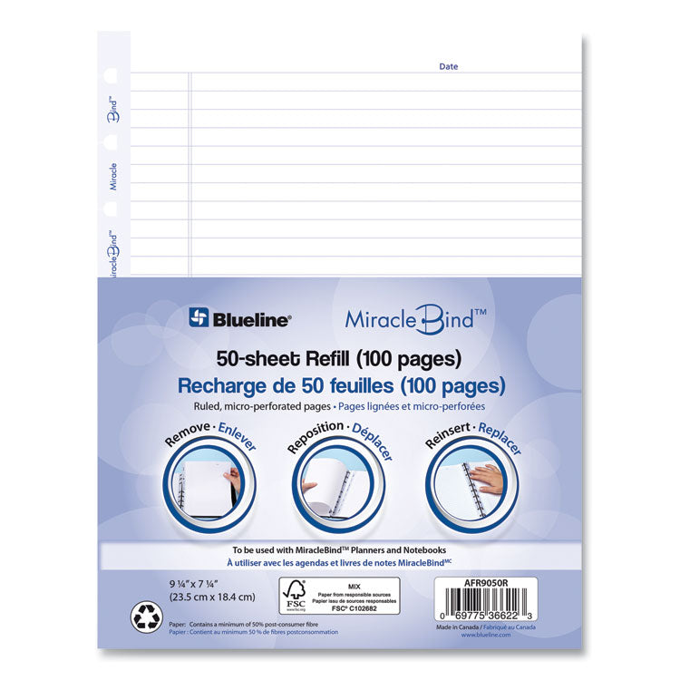 Ruled Paper Refill Sheets for all MiracleBind Notebooks and Planners, 9.25 x 7.25, White/Blue Sheets, Undated, 50/Pack