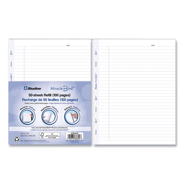 Ruled Paper Refill Sheets for all MiracleBind Notebooks and Planners, 9.25 x 7.25, White/Blue Sheets, Undated, 50/Pack