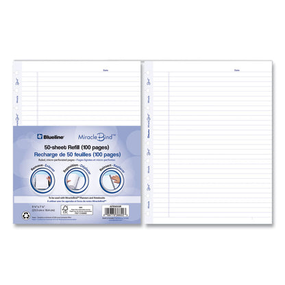 Ruled Paper Refill Sheets for all MiracleBind Notebooks and Planners, 9.25 x 7.25, White/Blue Sheets, Undated, 50/Pack