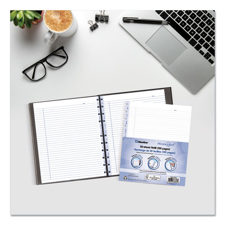 Ruled Paper Refill Sheets for all MiracleBind Notebooks and Planners, 11 x 9.06, White/Blue Sheets, Undated, 50/Pack
