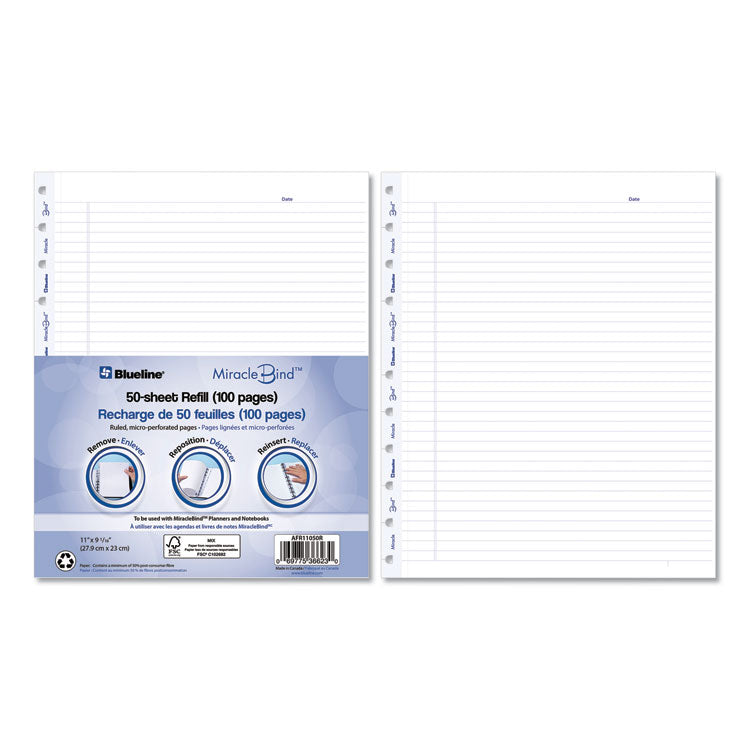 Ruled Paper Refill Sheets for all MiracleBind Notebooks and Planners, 11 x 9.06, White/Blue Sheets, Undated, 50/Pack