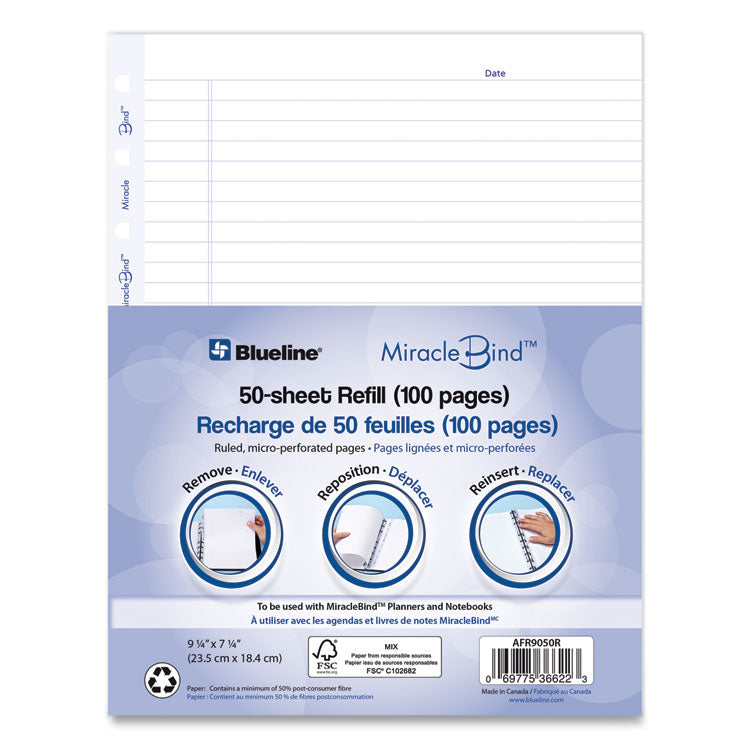 Ruled Paper Refill Sheets for all MiracleBind Notebooks and Planners, 9.25 x 7.25, White/Blue Sheets, Undated, 50/Pack