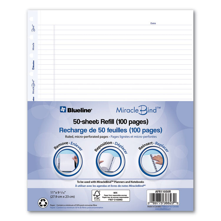 Ruled Paper Refill Sheets for all MiracleBind Notebooks and Planners, 11 x 9.06, White/Blue Sheets, Undated, 50/Pack