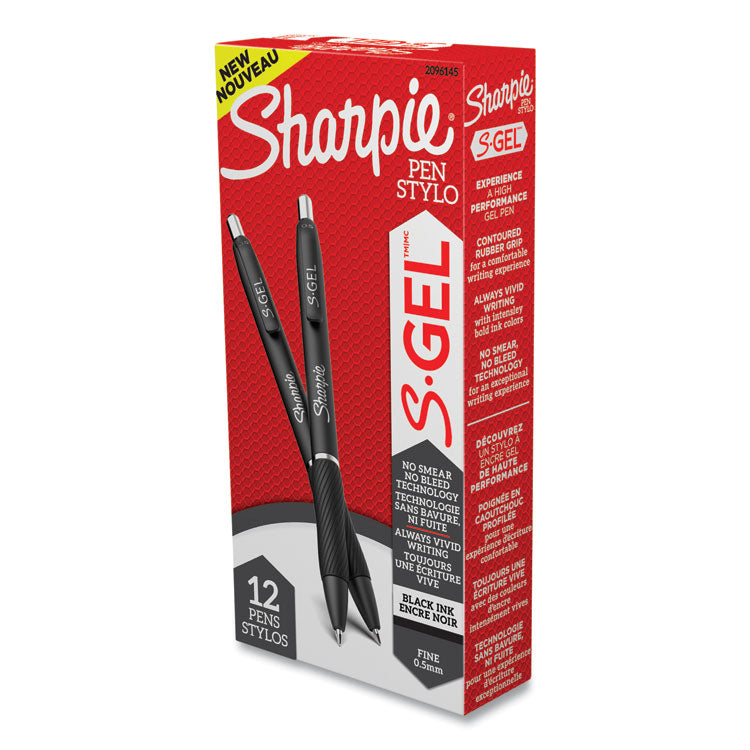S-Gel High-Performance Gel Pen, Retractable, Fine 0.5 mm, Black Ink, Black Barrel, Dozen