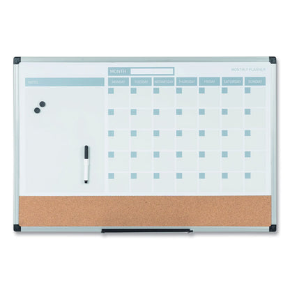 3-in-1 Planner Board, Monthly Planning/Scheduling Calendar, 24" x 18", Tan/White/Blue Surface, Satin Aluminum Frame